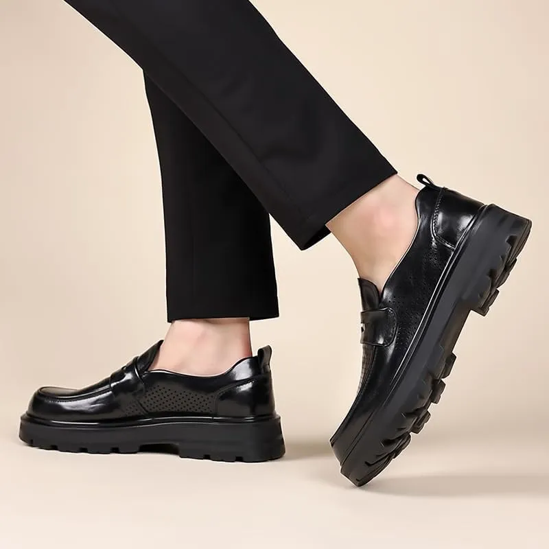 Men's Patent Leather Platform Loafers Comfort Non-Slip Lug Sole Slip-On Dress Shoes Summer Breathable Driving Shoes