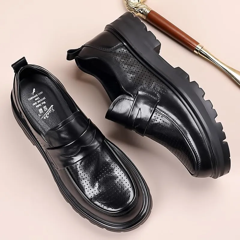 Men's Patent Leather Platform Loafers Comfort Non-Slip Lug Sole Slip-On Dress Shoes Summer Breathable Driving Shoes