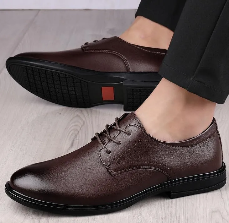 Men's Pointed Toe Oxford Shoes Fashion Lace Up Breathable Comfortable Genuine Leather Dress Shoes Formal Business Wedding Shoes for Men