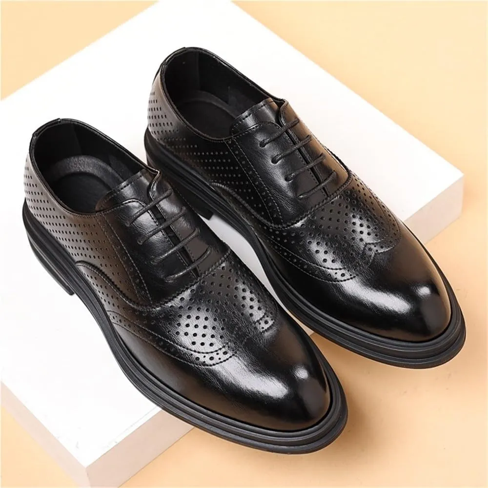 Mens Summer Hollow Out Leather Brogue Shoes Breathable Formal Business Dress Shoes with Height Increase for Wedding Groom