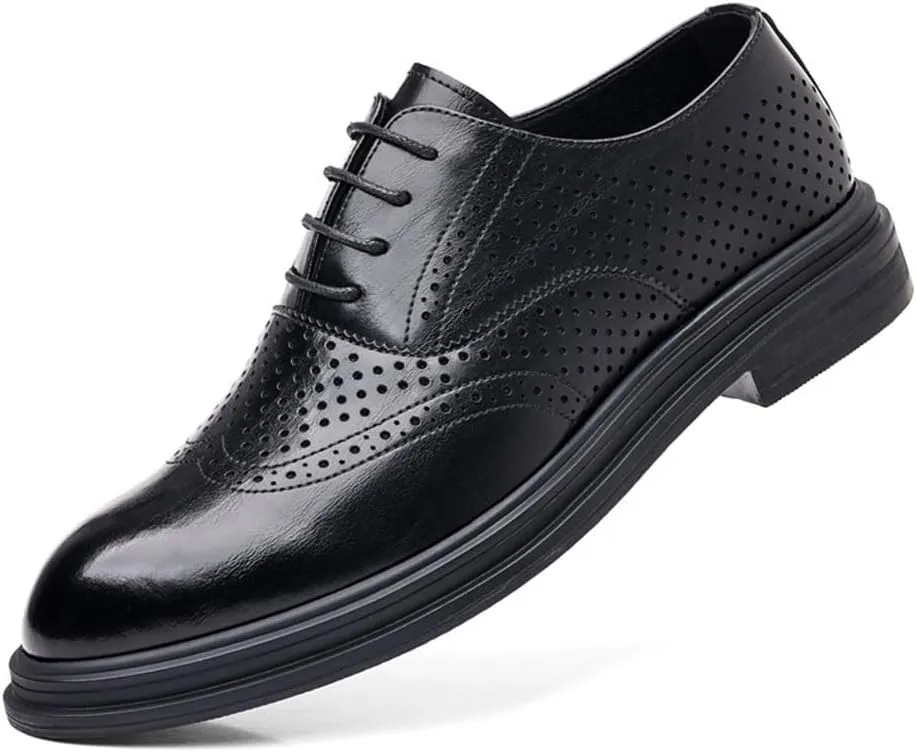Mens Summer Hollow Out Leather Brogue Shoes Breathable Formal Business Dress Shoes with Height Increase for Wedding Groom