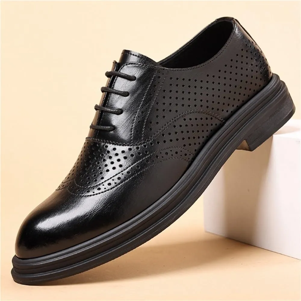 Mens Summer Hollow Out Leather Brogue Shoes Breathable Formal Business Dress Shoes with Height Increase for Wedding Groom