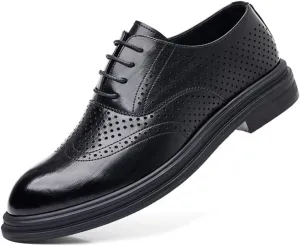 Mens Summer Hollow Out Leather Brogue Shoes Breathable Formal Business Dress Shoes with Height Increase for Wedding Groom