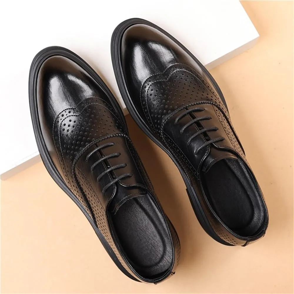 Mens Summer Hollow Out Leather Brogue Shoes Breathable Formal Business Dress Shoes with Height Increase for Wedding Groom