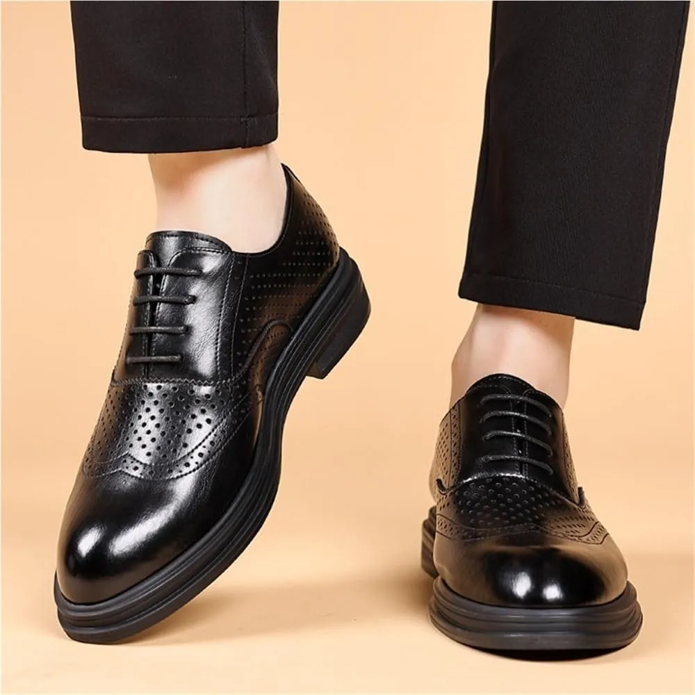 Mens Summer Hollow Out Leather Brogue Shoes Breathable Formal Business Dress Shoes with Height Increase for Wedding Groom