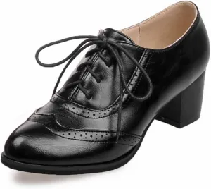 mikarka Vintage Oxford Shoes for Women Chunky Block Mid Heel Brogues Pumps Lace up Perforated Dress Shoes Saddle Oxfords