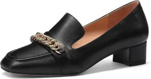 MODENCOCO Women's Slip On Square Toe Fashion Matte Office Metal Chain Decor Solid Chunky Low Heel Loafers Working Shoes 1.5 Inch
