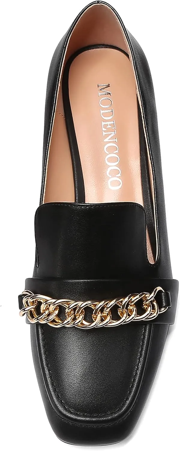 MODENCOCO Women's Slip On Square Toe Fashion Matte Office Metal Chain Decor Solid Chunky Low Heel Loafers Working Shoes 1.5 Inch
