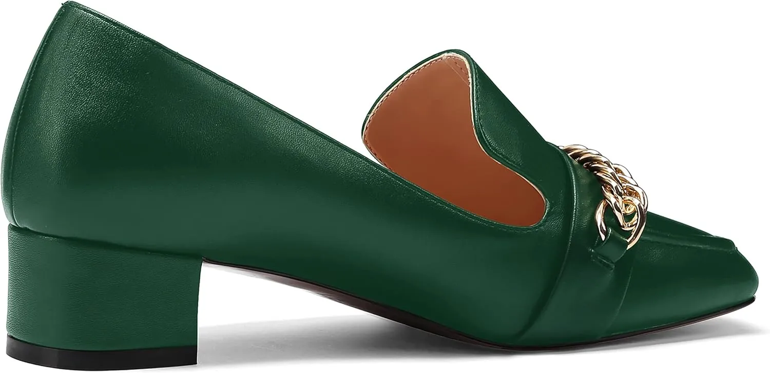 MODENCOCO Women's Slip On Square Toe Fashion Matte Office Metal Chain Decor Solid Chunky Low Heel Loafers Working Shoes 1.5 Inch