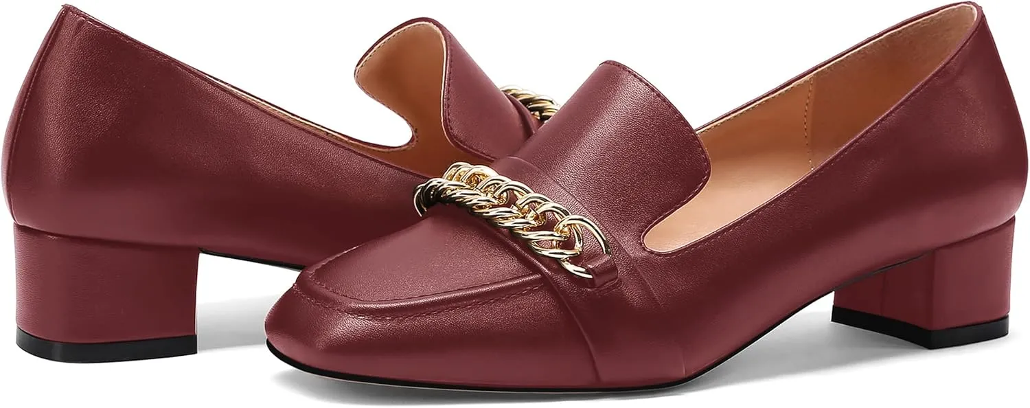 MODENCOCO Women's Slip On Square Toe Fashion Matte Office Metal Chain Decor Solid Chunky Low Heel Loafers Working Shoes 1.5 Inch