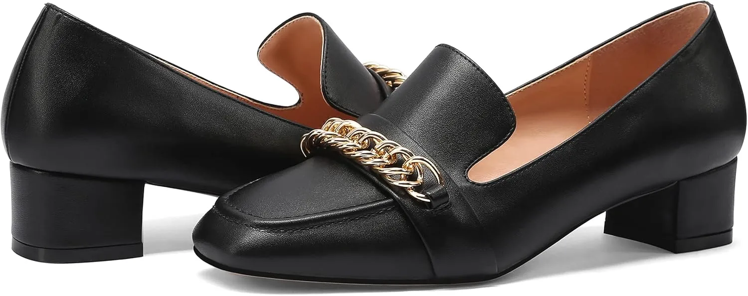 MODENCOCO Women's Slip On Square Toe Fashion Matte Office Metal Chain Decor Solid Chunky Low Heel Loafers Working Shoes 1.5 Inch
