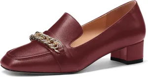 MODENCOCO Women's Slip On Square Toe Fashion Matte Office Metal Chain Decor Solid Chunky Low Heel Loafers Working Shoes 1.5 Inch