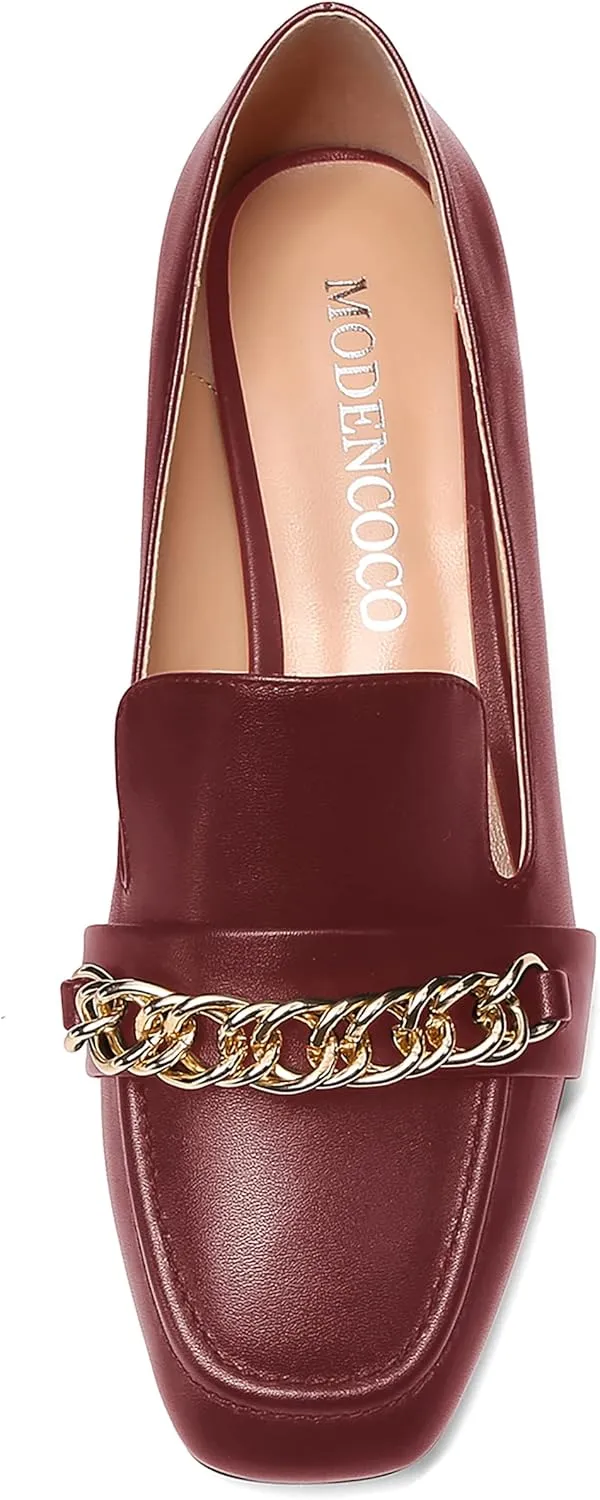 MODENCOCO Women's Slip On Square Toe Fashion Matte Office Metal Chain Decor Solid Chunky Low Heel Loafers Working Shoes 1.5 Inch
