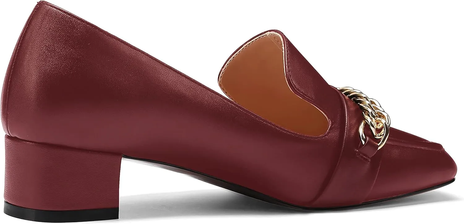 MODENCOCO Women's Slip On Square Toe Fashion Matte Office Metal Chain Decor Solid Chunky Low Heel Loafers Working Shoes 1.5 Inch
