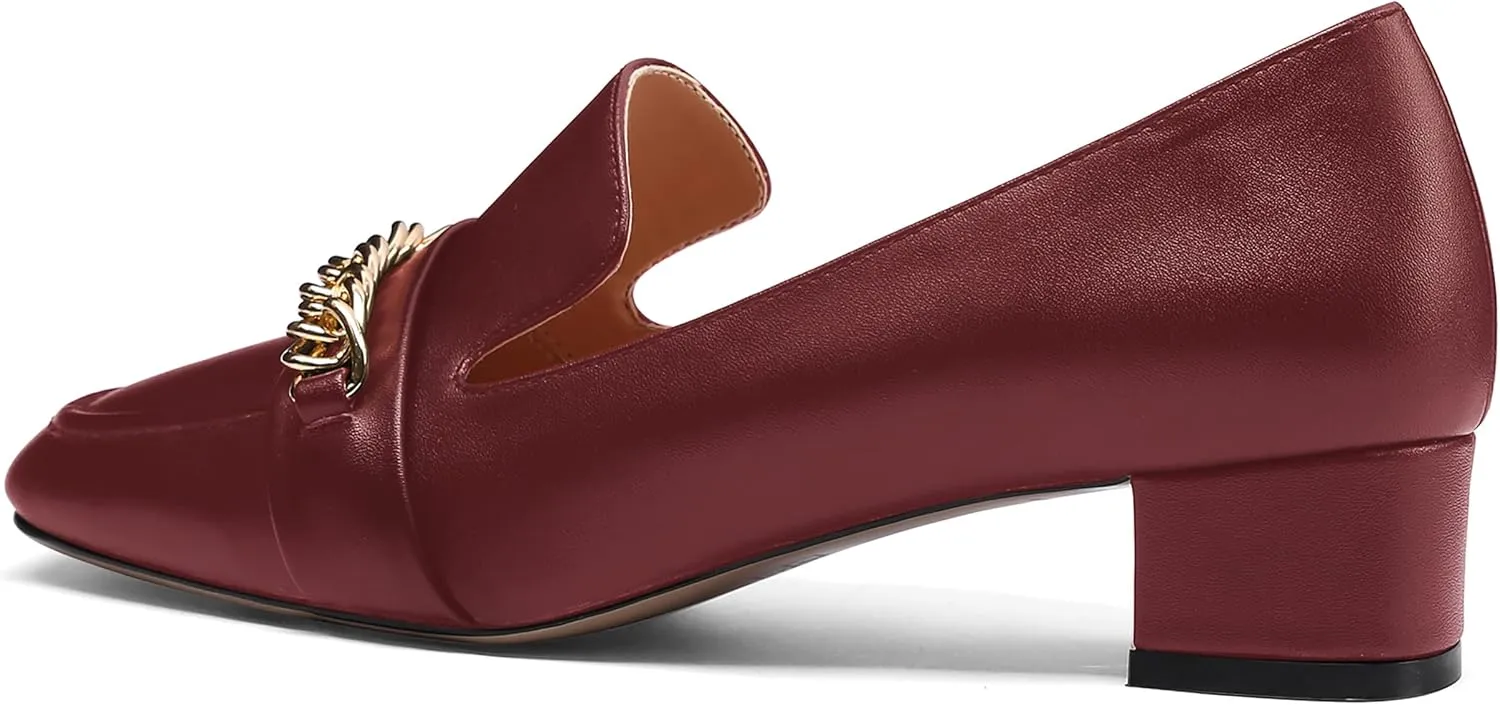 MODENCOCO Women's Slip On Square Toe Fashion Matte Office Metal Chain Decor Solid Chunky Low Heel Loafers Working Shoes 1.5 Inch