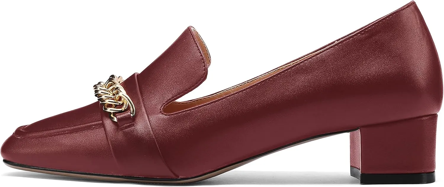 MODENCOCO Women's Slip On Square Toe Fashion Matte Office Metal Chain Decor Solid Chunky Low Heel Loafers Working Shoes 1.5 Inch