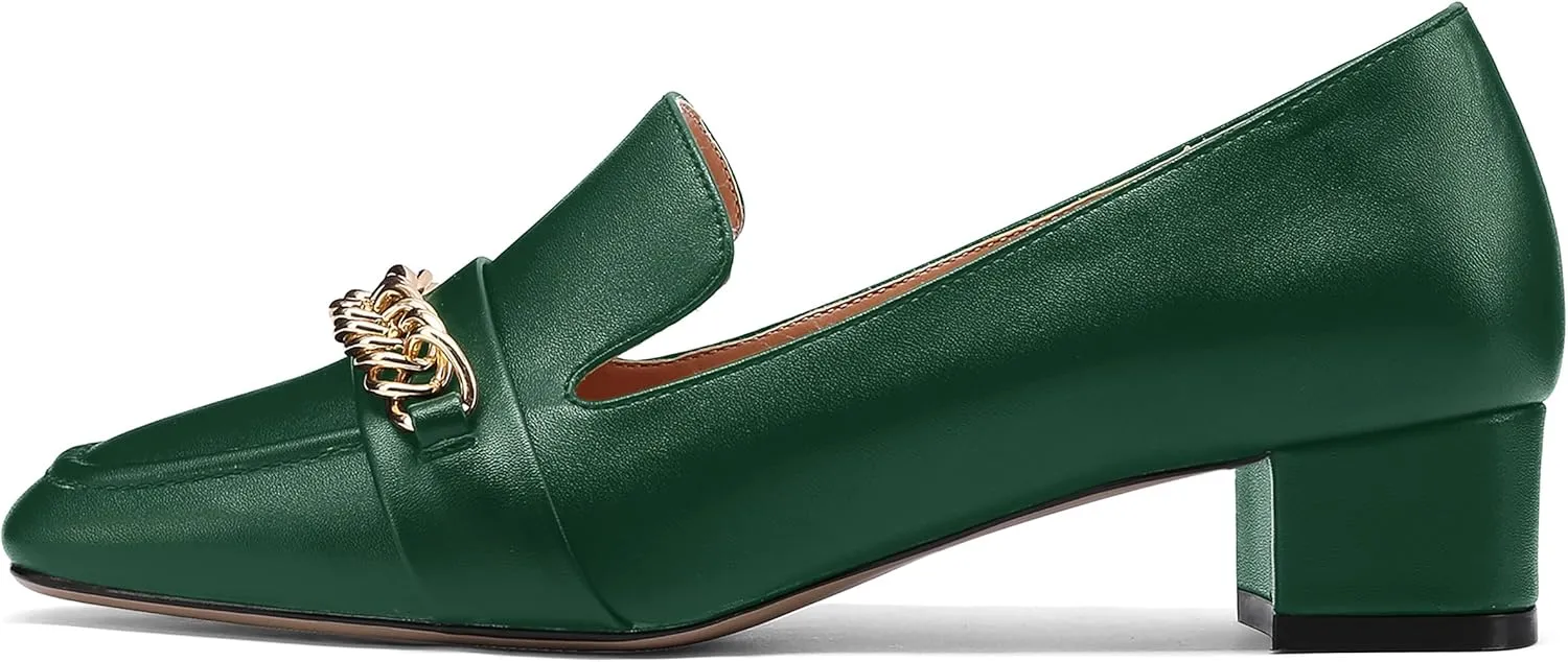 MODENCOCO Women's Slip On Square Toe Fashion Matte Office Metal Chain Decor Solid Chunky Low Heel Loafers Working Shoes 1.5 Inch