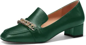 MODENCOCO Women's Slip On Square Toe Fashion Matte Office Metal Chain Decor Solid Chunky Low Heel Loafers Working Shoes 1.5 Inch