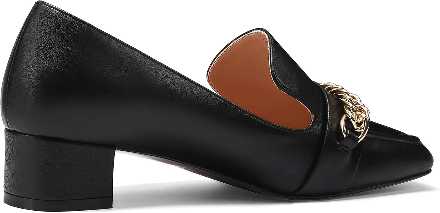 MODENCOCO Women's Slip On Square Toe Fashion Matte Office Metal Chain Decor Solid Chunky Low Heel Loafers Working Shoes 1.5 Inch
