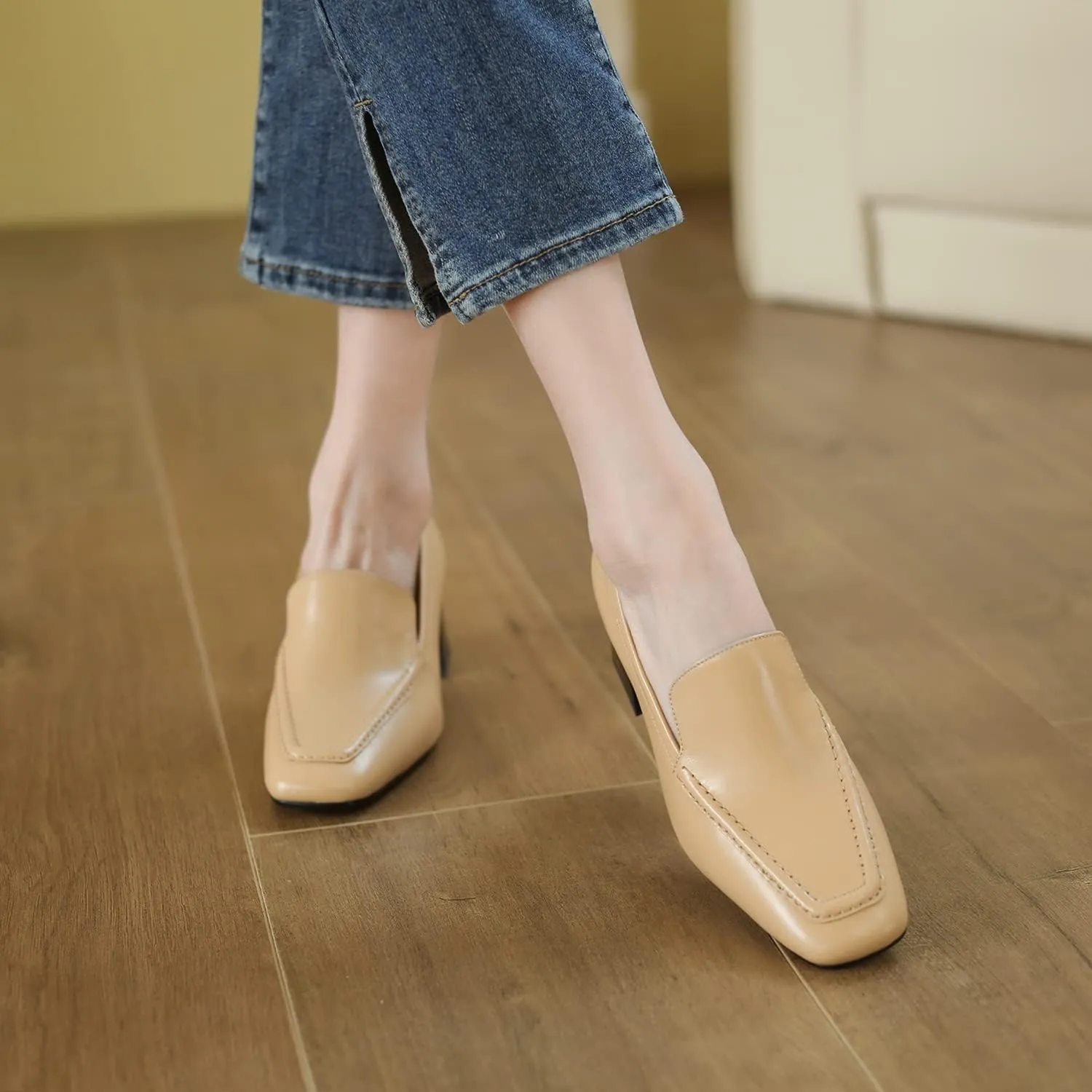 MOOMMO Women Chunky Block Low Heel Loafers Shoes Square Closed Toe Matte Leather Slip On Penny Loafers for Office Ladies Comfortable Office Work Oxford Shoes Elegant Dressy Fashion Spring 4-11 M US