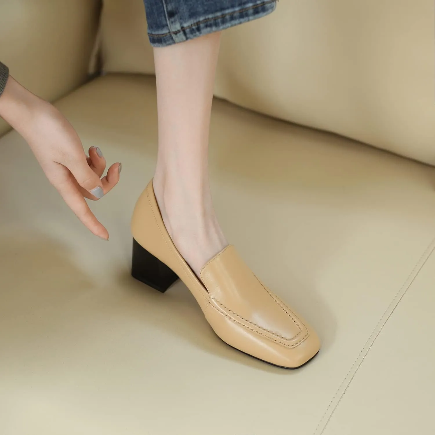 MOOMMO Women Chunky Block Low Heel Loafers Shoes Square Closed Toe Matte Leather Slip On Penny Loafers for Office Ladies Comfortable Office Work Oxford Shoes Elegant Dressy Fashion Spring 4-11 M US