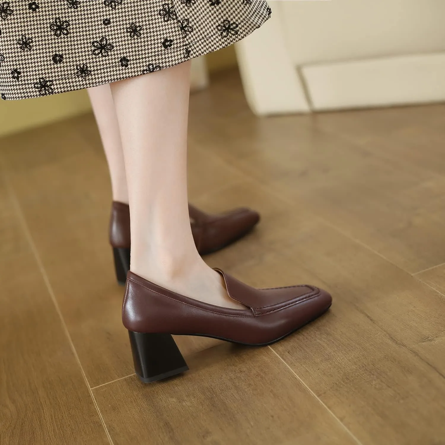 MOOMMO Women Chunky Block Low Heel Loafers Shoes Square Closed Toe Matte Leather Slip On Penny Loafers for Office Ladies Comfortable Office Work Oxford Shoes Elegant Dressy Fashion Spring 4-11 M US