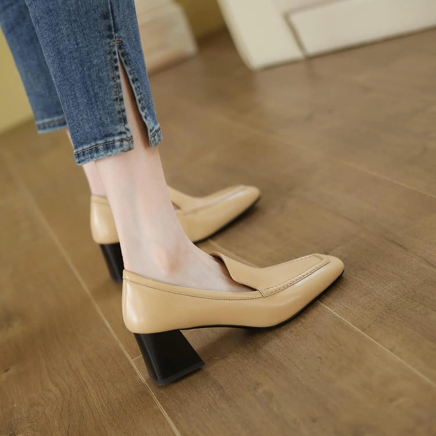 MOOMMO Women Chunky Block Low Heel Loafers Shoes Square Closed Toe Matte Leather Slip On Penny Loafers for Office Ladies Comfortable Office Work Oxford Shoes Elegant Dressy Fashion Spring 4-11 M US