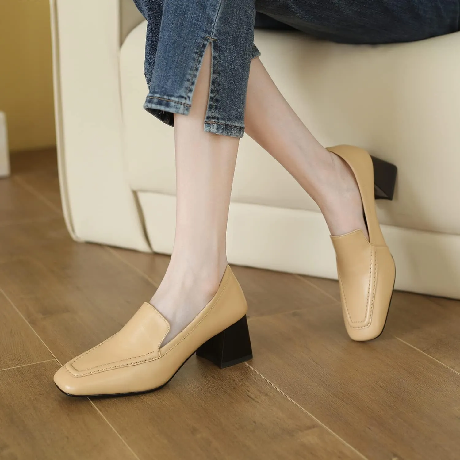 MOOMMO Women Chunky Block Low Heel Loafers Shoes Square Closed Toe Matte Leather Slip On Penny Loafers for Office Ladies Comfortable Office Work Oxford Shoes Elegant Dressy Fashion Spring 4-11 M US