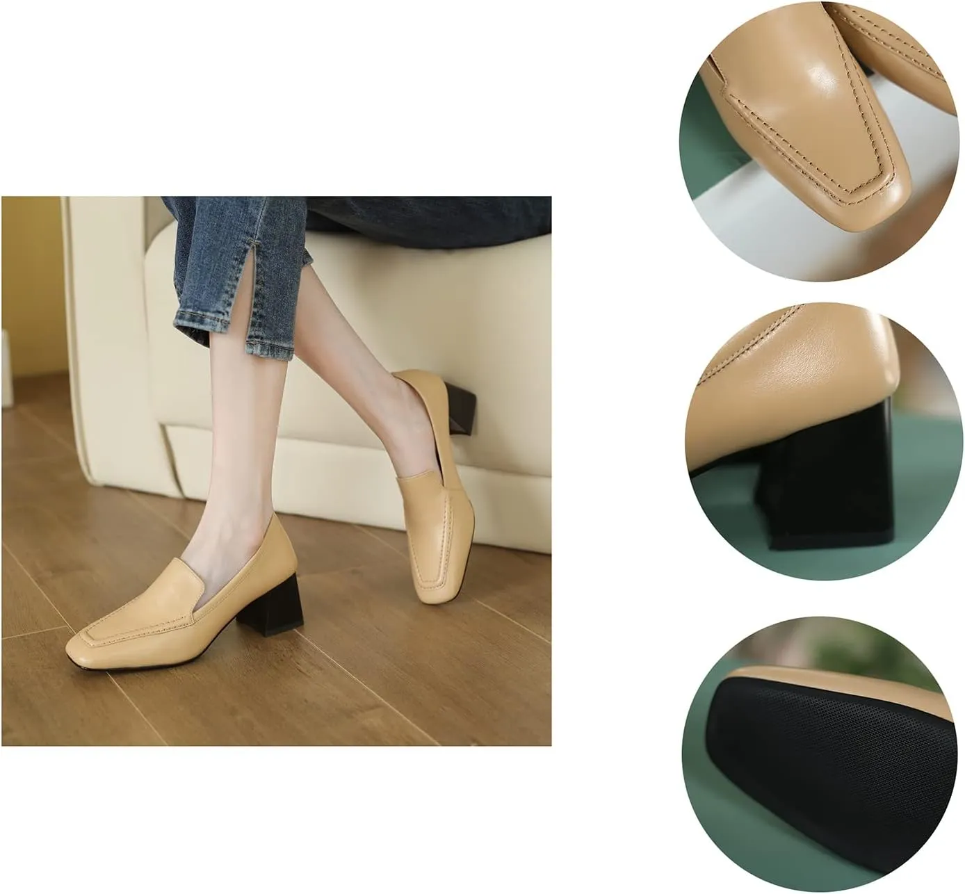 MOOMMO Women Chunky Block Low Heel Loafers Shoes Square Closed Toe Matte Leather Slip On Penny Loafers for Office Ladies Comfortable Office Work Oxford Shoes Elegant Dressy Fashion Spring 4-11 M US