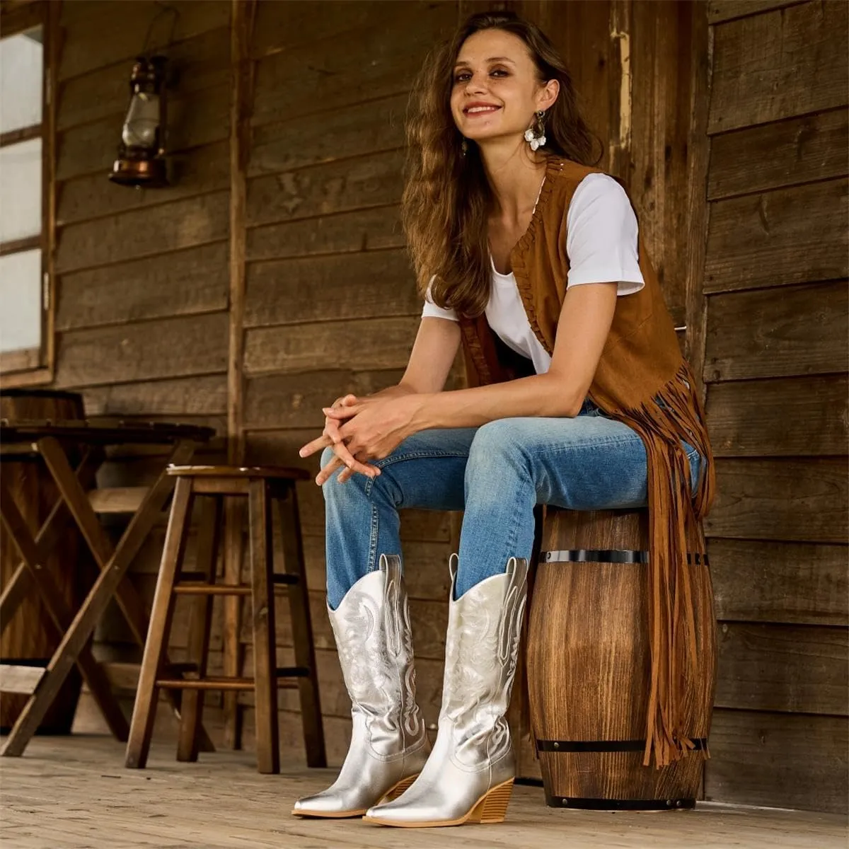 Mostrin Cowgirl Cowboy Boots Square Toe Mid-Calf Boot Chunky Block Heeled Pull On Western Boot