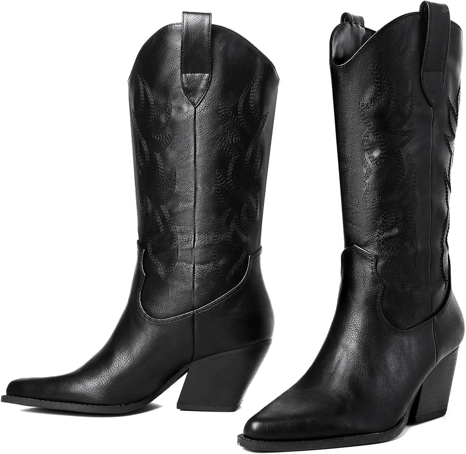 Mostrin Cowgirl Cowboy Boots Square Toe Mid-Calf Boot Chunky Block Heeled Pull On Western Boot