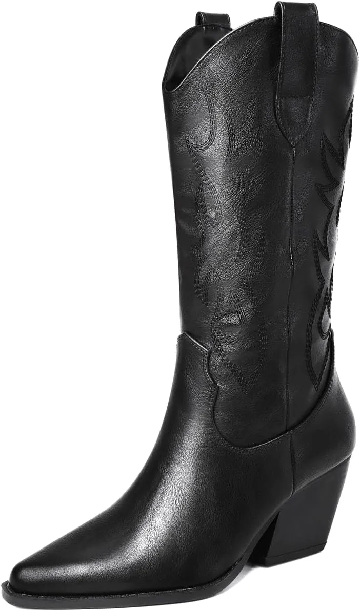 Mostrin Cowgirl Cowboy Boots Square Toe Mid-Calf Boot Chunky Block Heeled Pull On Western Boot