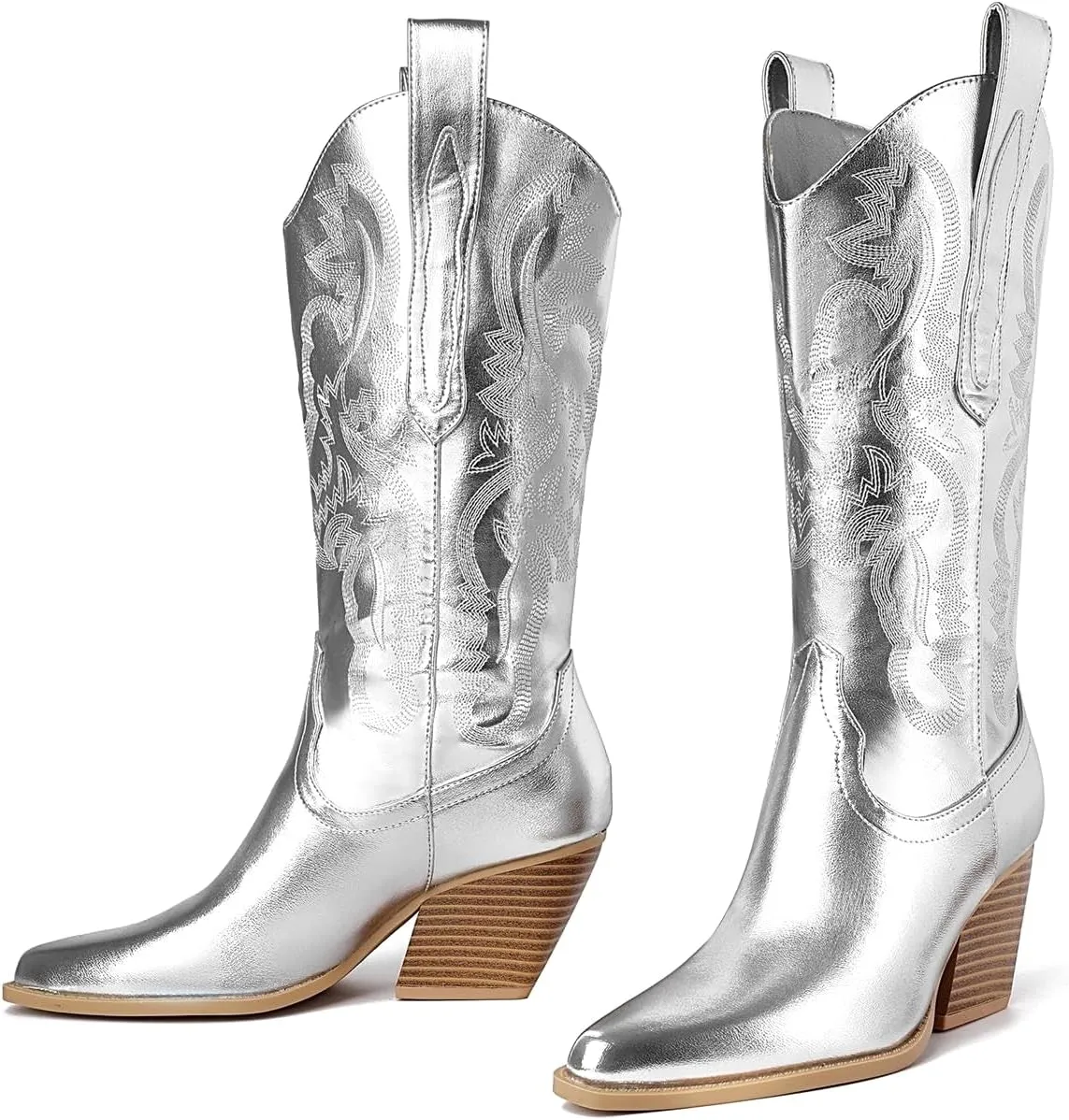 Mostrin Cowgirl Cowboy Boots Square Toe Mid-Calf Boot Chunky Block Heeled Pull On Western Boot