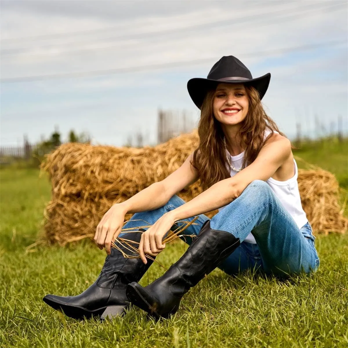 Mostrin Cowgirl Cowboy Boots Square Toe Mid-Calf Boot Chunky Block Heeled Pull On Western Boot