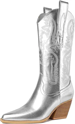 Mostrin Cowgirl Cowboy Boots Square Toe Mid-Calf Boot Chunky Block Heeled Pull On Western Boot