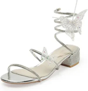 MRKEWUNEY Fashion Women Diamante Heels Butterfly Wrap Around Strap Sandals
