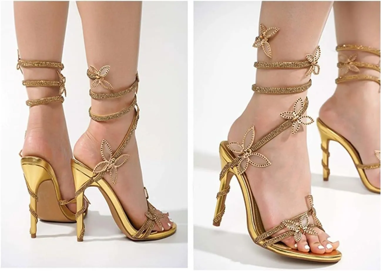 MRKEWUNEY Fashion Women Diamante Heels Butterfly Wrap Around Strap Sandals
