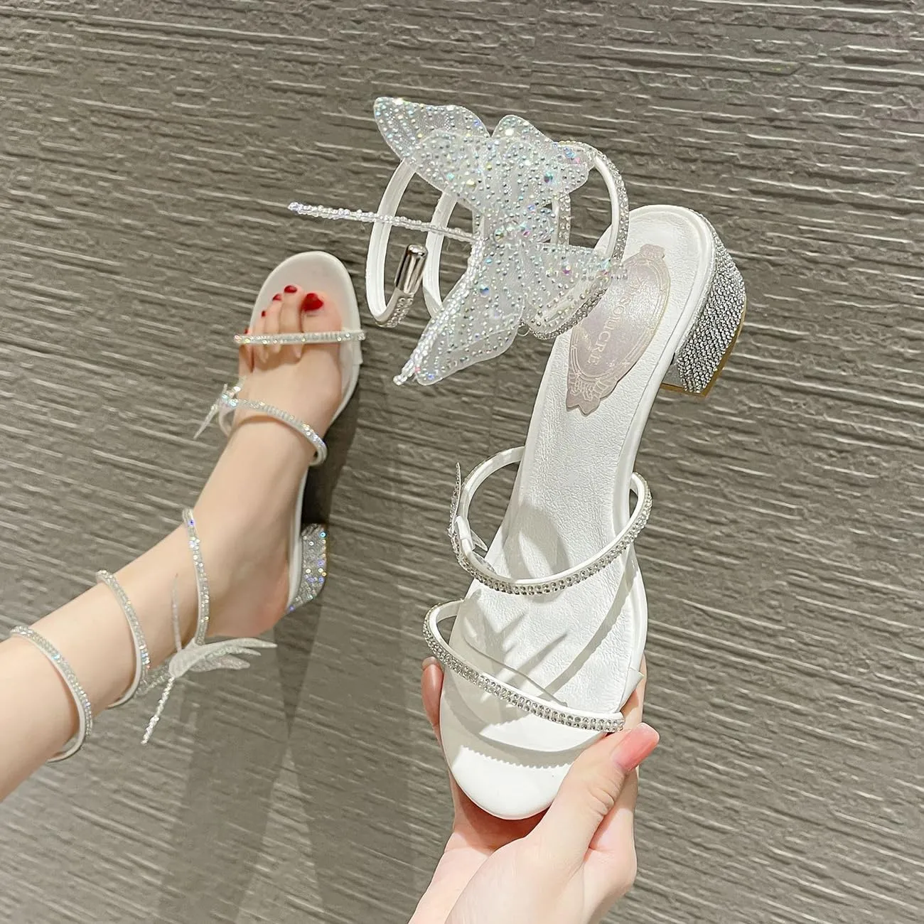 MRKEWUNEY Fashion Women Diamante Heels Butterfly Wrap Around Strap Sandals