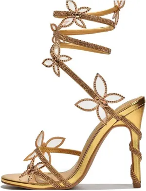 MRKEWUNEY Fashion Women Diamante Heels Butterfly Wrap Around Strap Sandals
