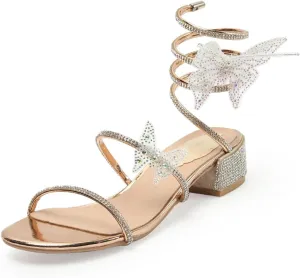 MRKEWUNEY Fashion Women Diamante Heels Butterfly Wrap Around Strap Sandals