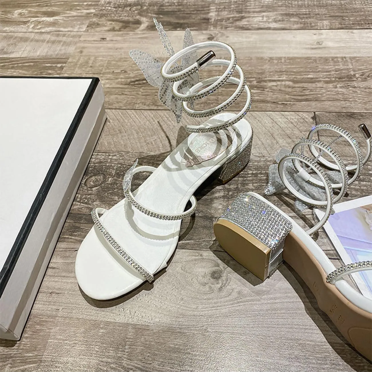 MRKEWUNEY Fashion Women Diamante Heels Butterfly Wrap Around Strap Sandals