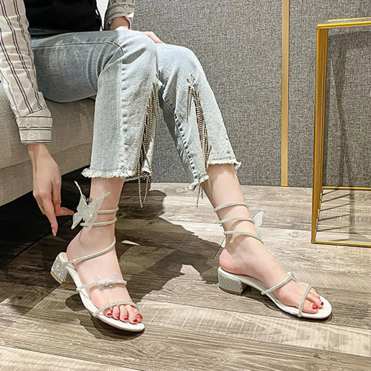 MRKEWUNEY Fashion Women Diamante Heels Butterfly Wrap Around Strap Sandals