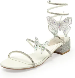 MRKEWUNEY Fashion Women Diamante Heels Butterfly Wrap Around Strap Sandals