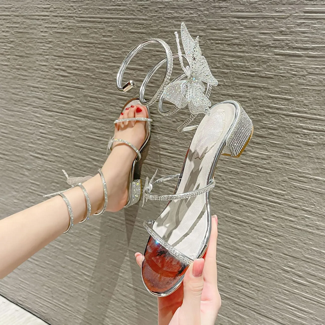MRKEWUNEY Fashion Women Diamante Heels Butterfly Wrap Around Strap Sandals