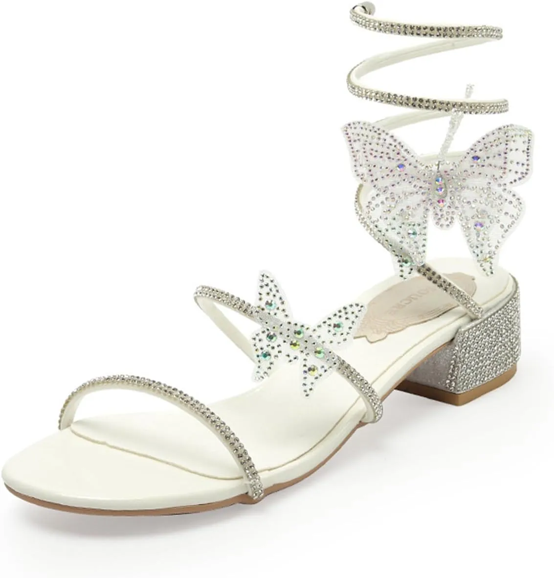 MRKEWUNEY Fashion Women Diamante Heels Butterfly Wrap Around Strap Sandals