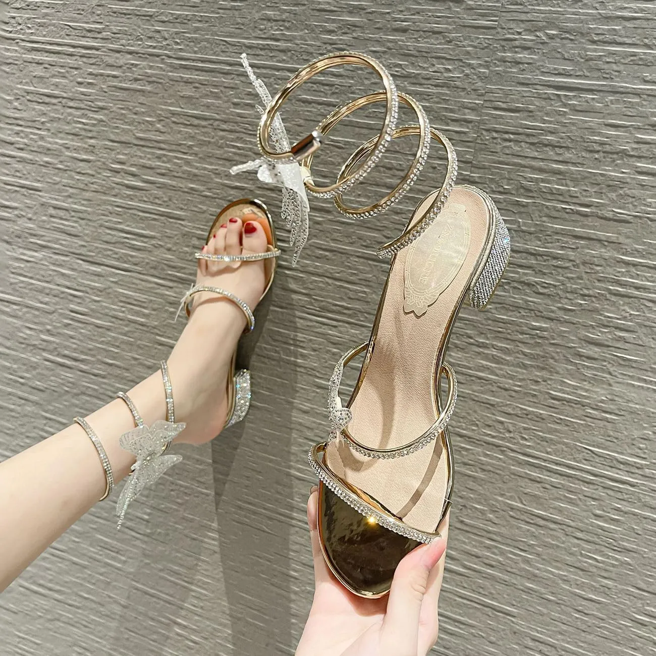 MRKEWUNEY Fashion Women Diamante Heels Butterfly Wrap Around Strap Sandals