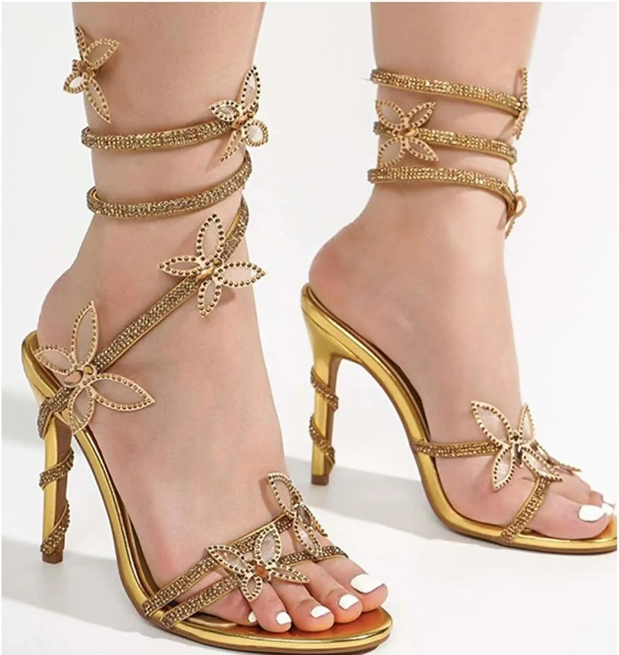 MRKEWUNEY Fashion Women Diamante Heels Butterfly Wrap Around Strap Sandals