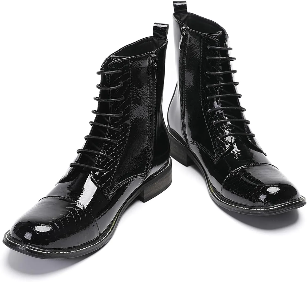 Santimon Men's Patent Leather Dress Oxfords Boots – Black Glossy Square Toe Lace-Up Ankle Boots with Brogue Detailing, Vintage Style Cowboy Boot for Party, Singer, Bar,Wedding & Casual Wear