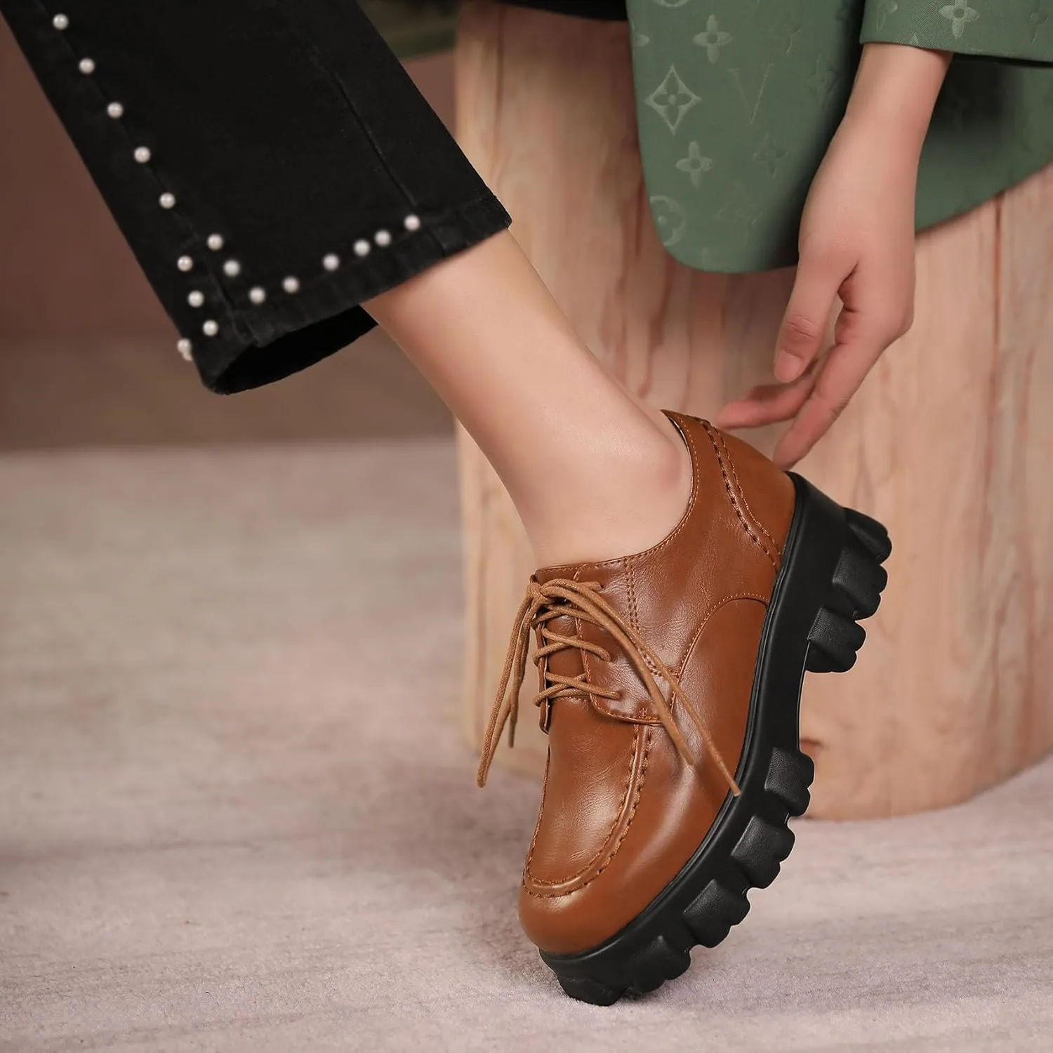 SHEMEE Women's Platform Oxfords Chunky Heels Loafer Lug Sole Lace Up Derby Shoes Comfort Business Work Office Dress Pumps