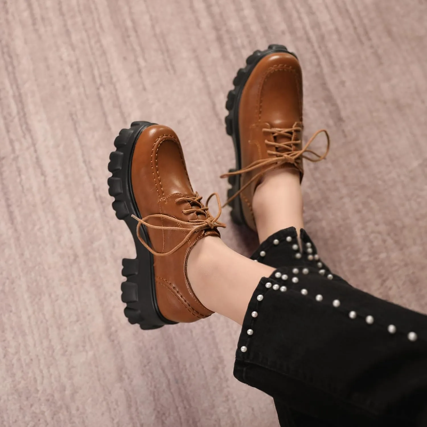 SHEMEE Women's Platform Oxfords Chunky Heels Loafer Lug Sole Lace Up Derby Shoes Comfort Business Work Office Dress Pumps